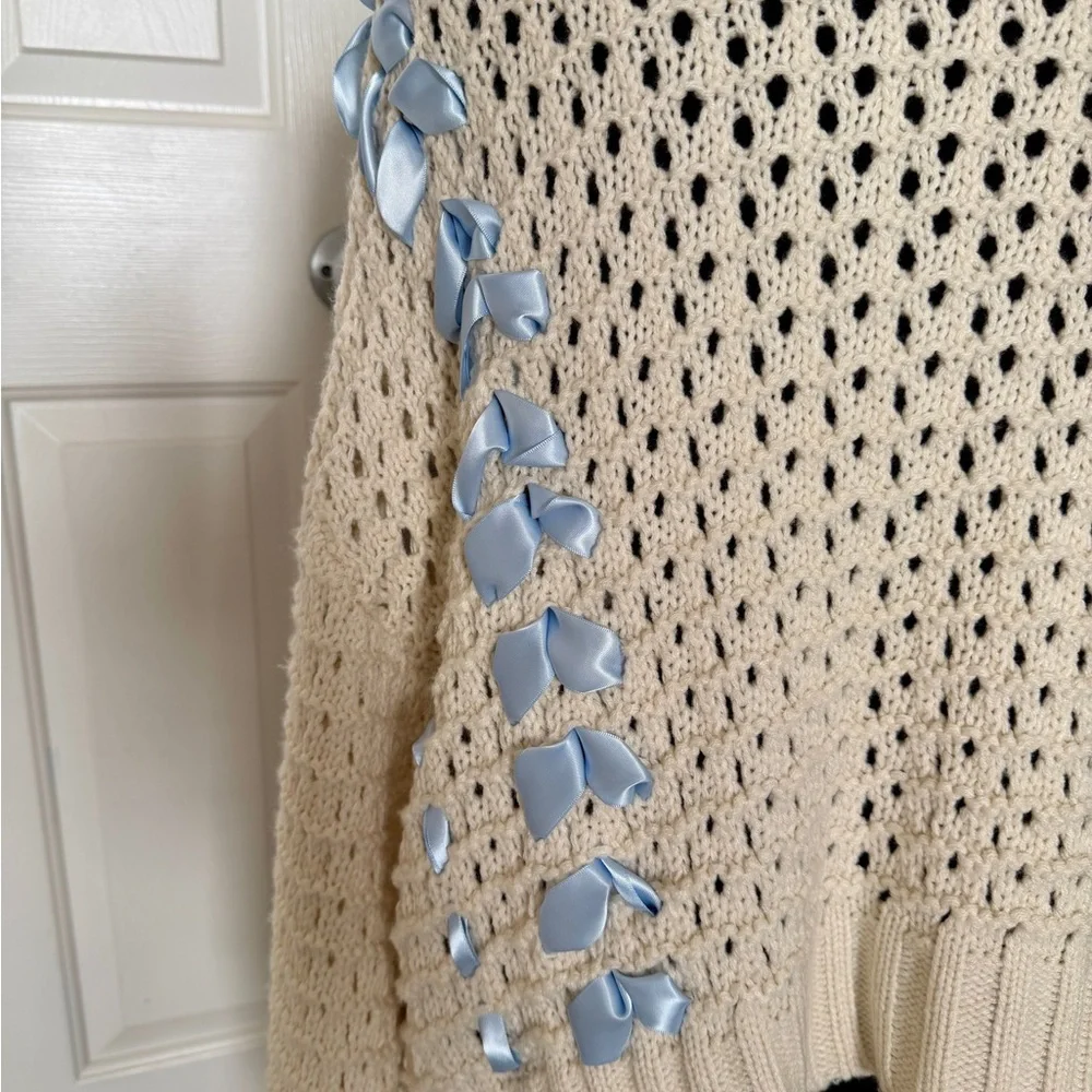 Altar’d State Cream Open Knit Cardigan Blue Ribbon Lace-Up Boho - Picture 5 of 7